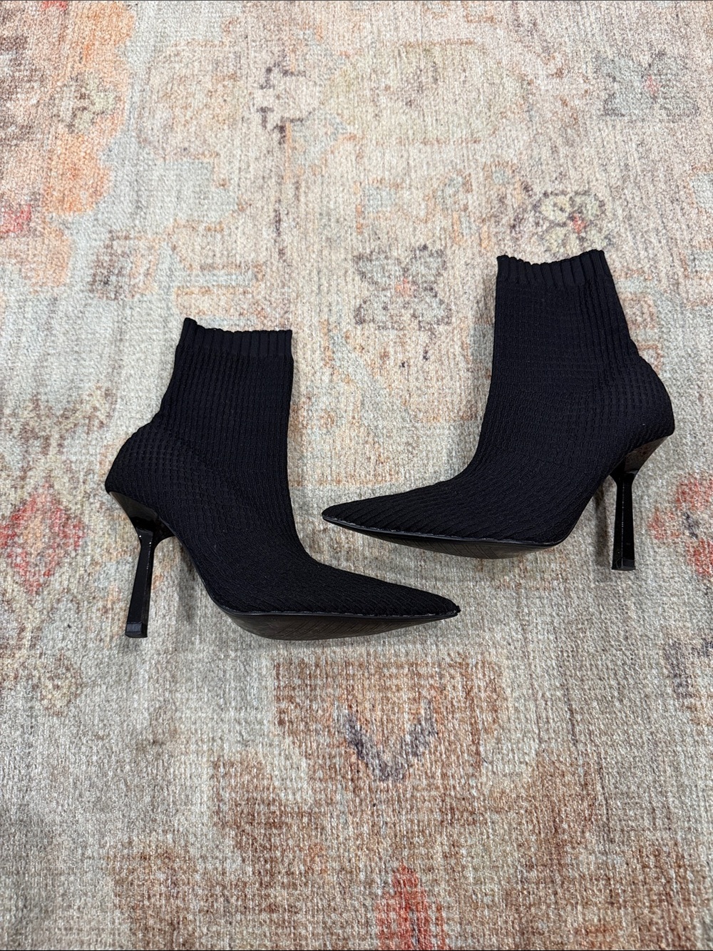 Zara Black Knit Pointed-Toe Stiletto Sock Ankle Boots